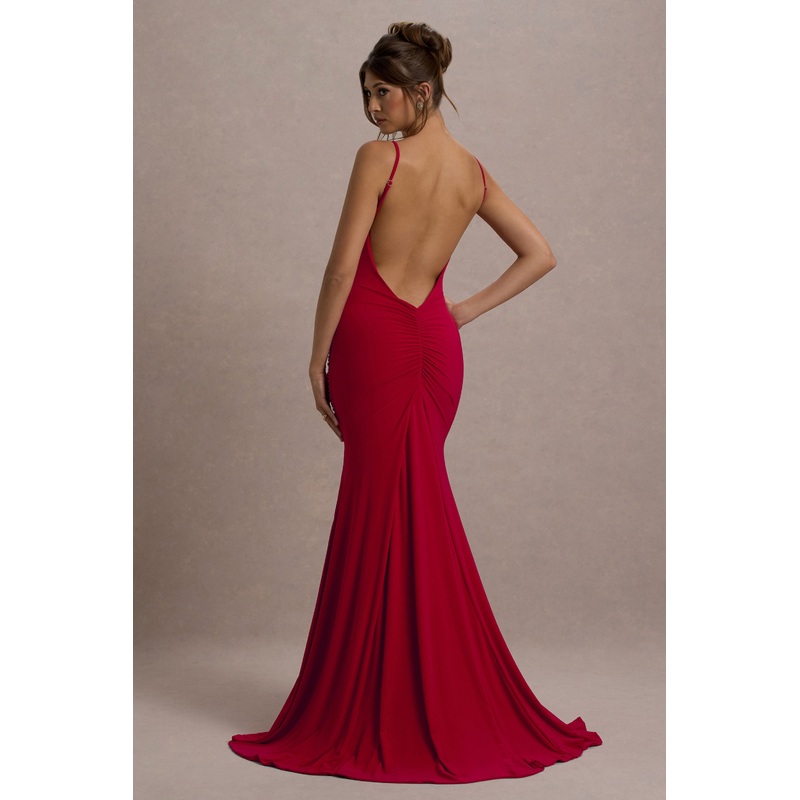 Adele | Red Ruched Fishtail Cami Maxi Dress