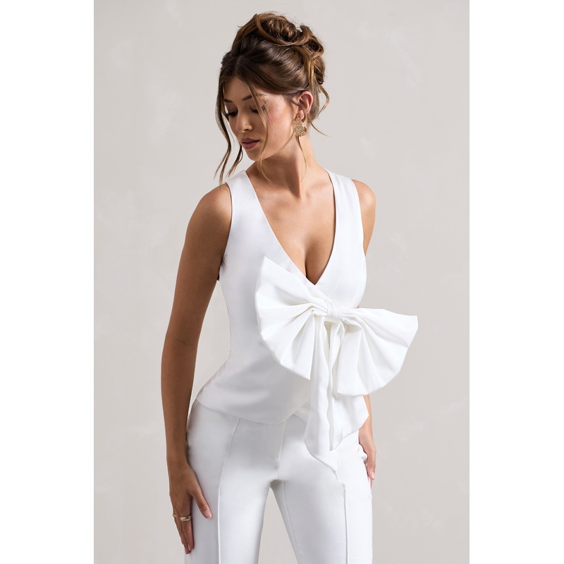 Adoration | Cream Satin Plunge-Neck Top With Bow