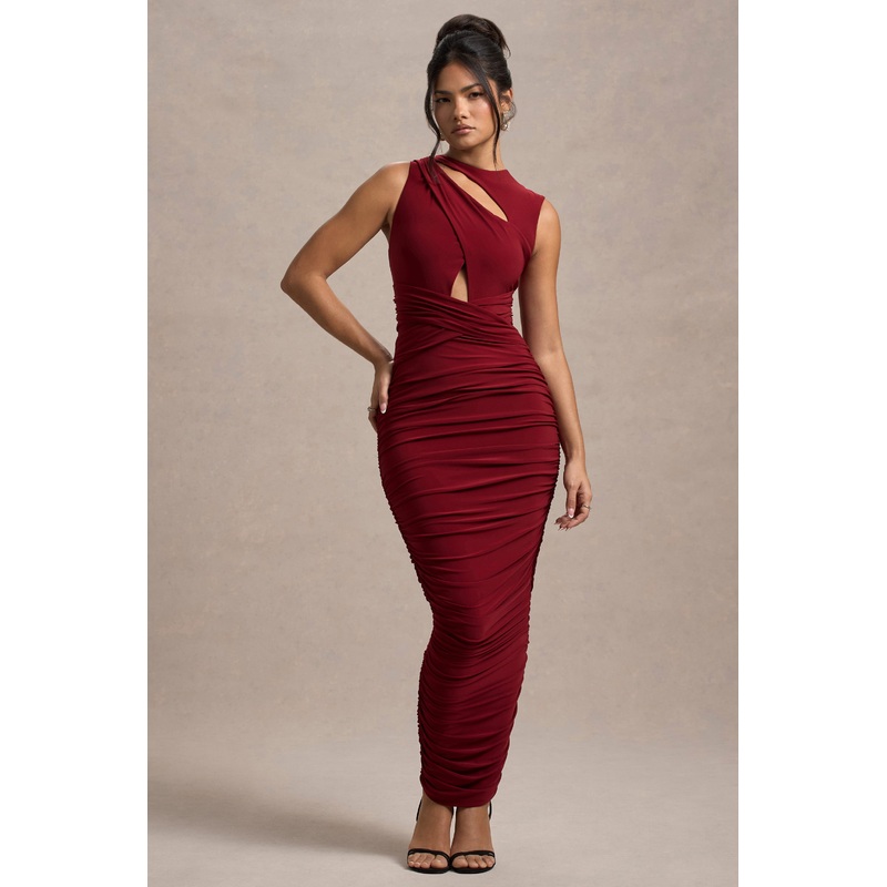 Aire | Wine Cut-Out Ruched Maxi Dress