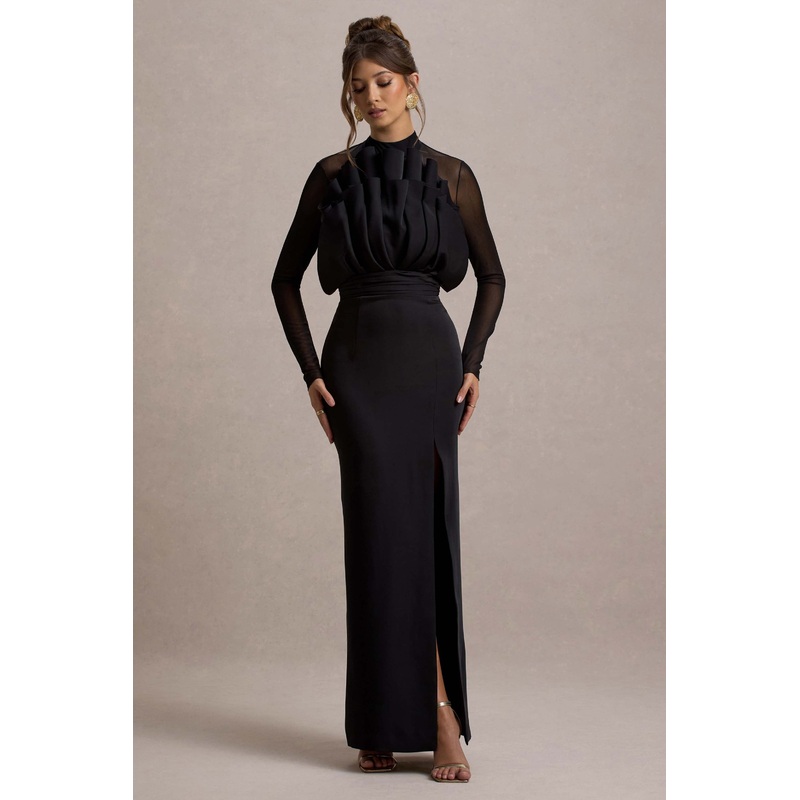 Alder | Black Mesh Long-Sleeve Ruffled Split Maxi Dress