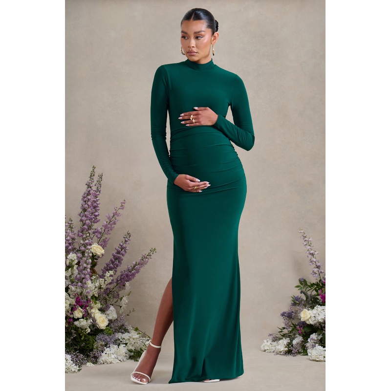 Alejandra | Green Maternity Long Sleeve High Neck Maxi Dress