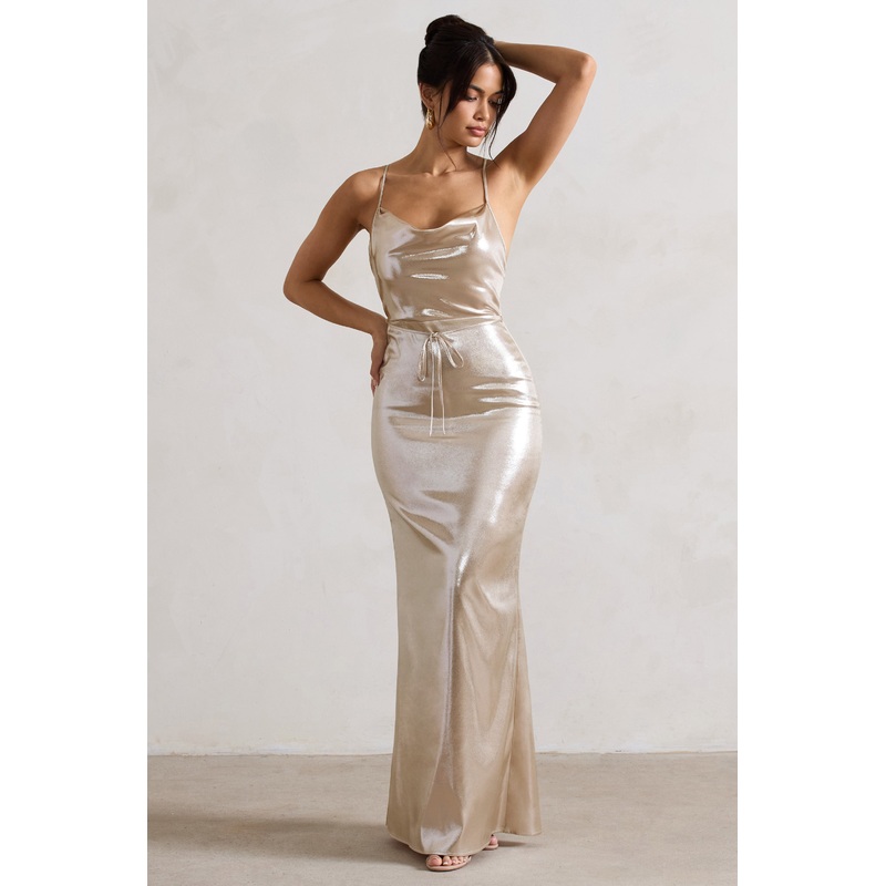 All In Time | Champagne Metallic Cowl-Neck Maxi Dress With Cross Back Detail