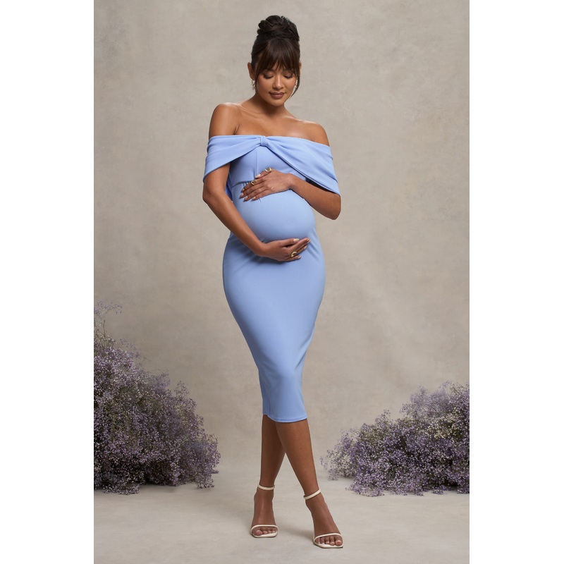 Alyssa | Powder Blue Bardot Bow Maternity Midi Dress with Ruching