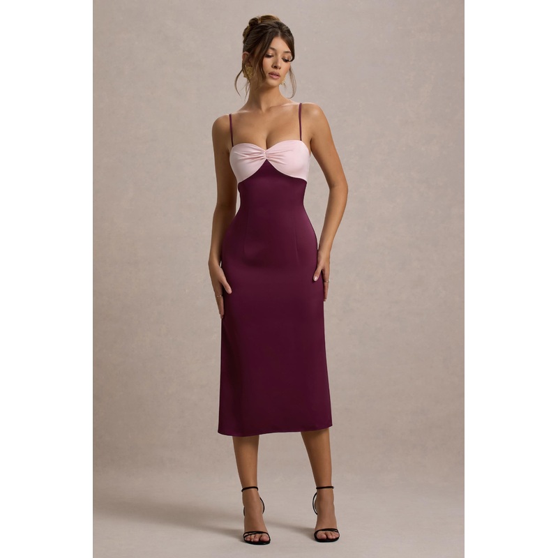 Andretti | Burgundy & Pink Satin Strappy Midi Dress
