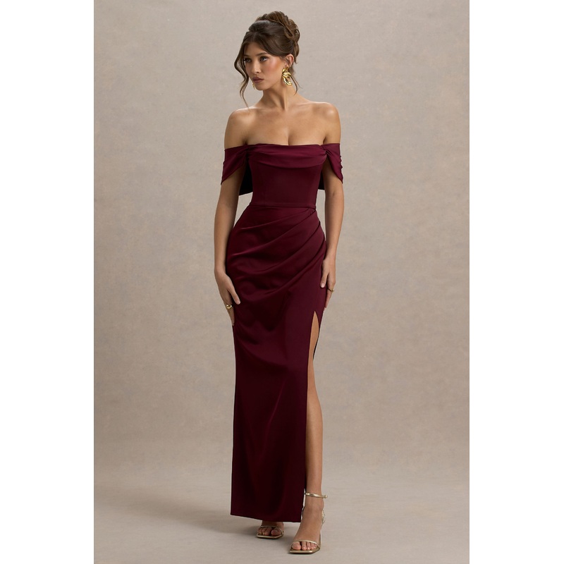 Annie | Burgundy Satin Bardot Maxi Dress With Split Wrap Skirt