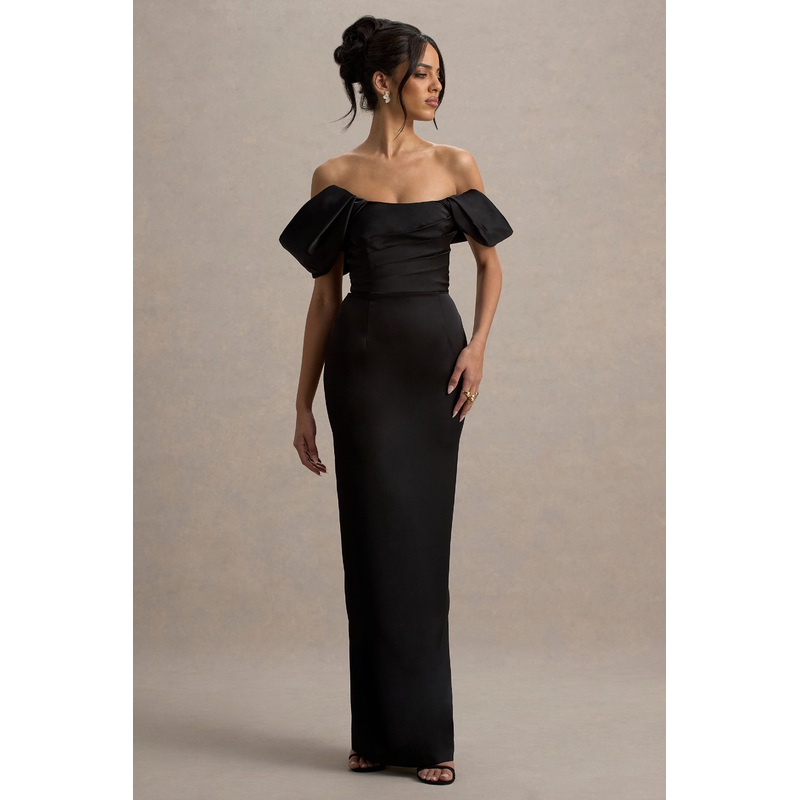Annita | Black Satin Bardot Maxi Dress