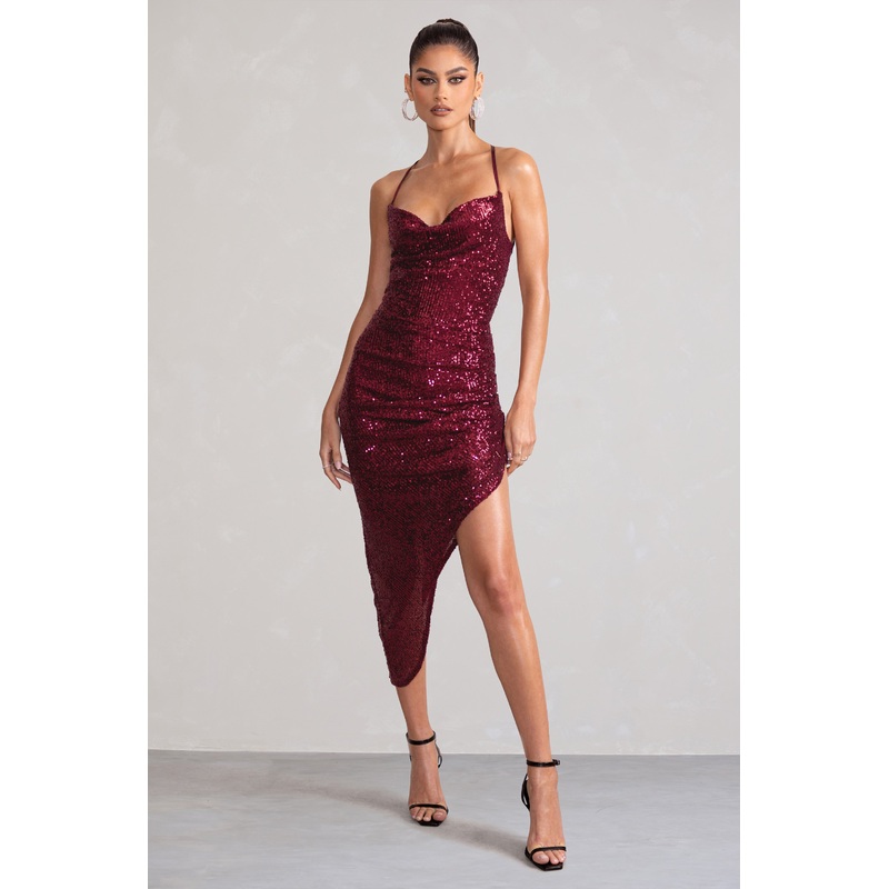 Anya | Berry Sequin Cami Cowl Neck Asymmetric Hem Midi Dress