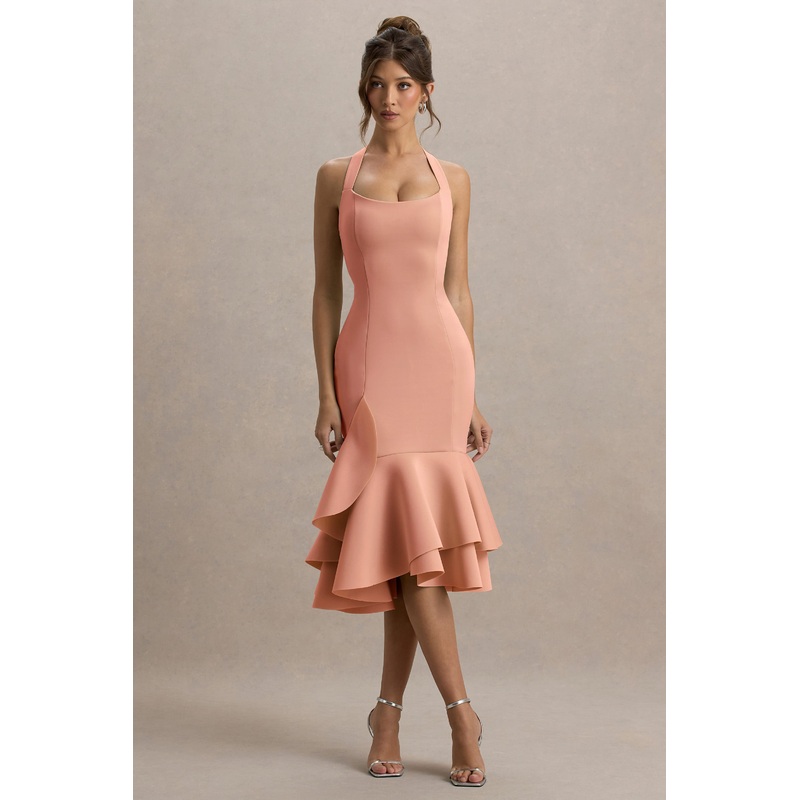 Arla | Pink Halter Neck Ruffle Trim Midi Dress