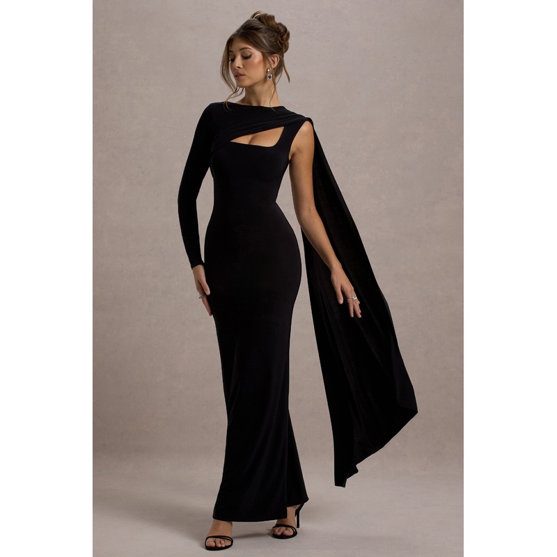 Ashini | Black One-Sleeve Maxi Dress With Cape