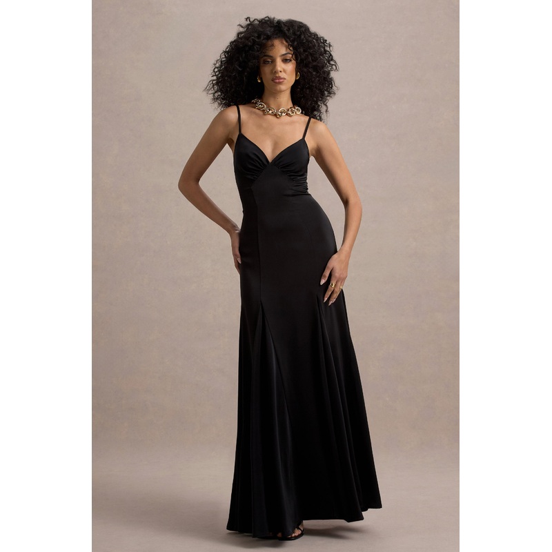 Ashly | Black Satin Maxi Dress With Volume Hem