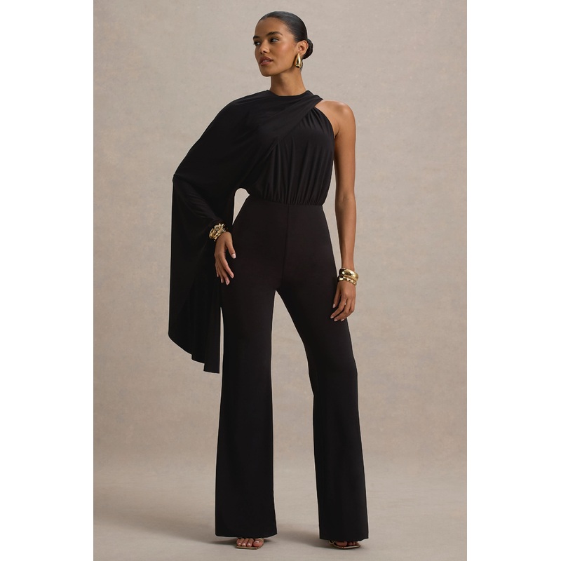 Asra | Black High-Neck Flared-Leg Jumpsuit With Cape Sleeve