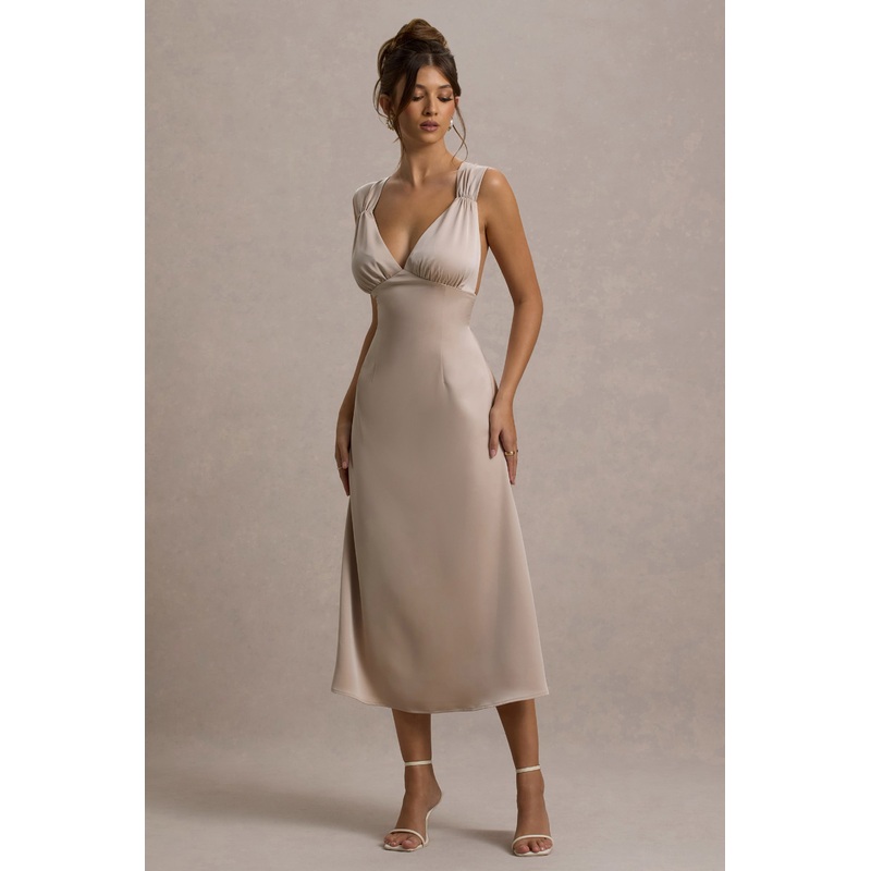 Beck | Champagne Satin Plunge-Neck Cross-Back Midi Dress