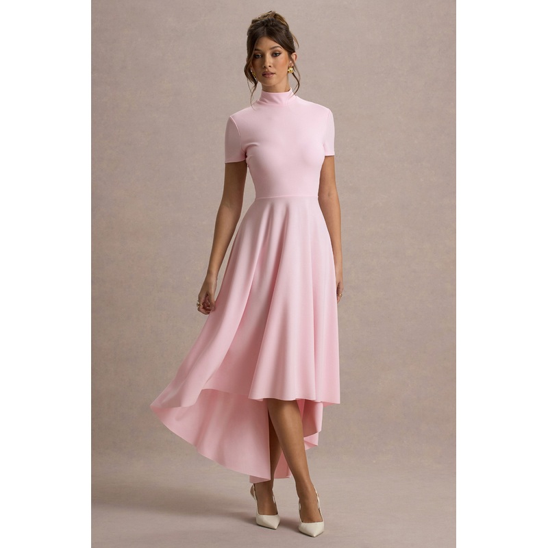 Bellona | Pink High-Neck High-Low Midi Dress