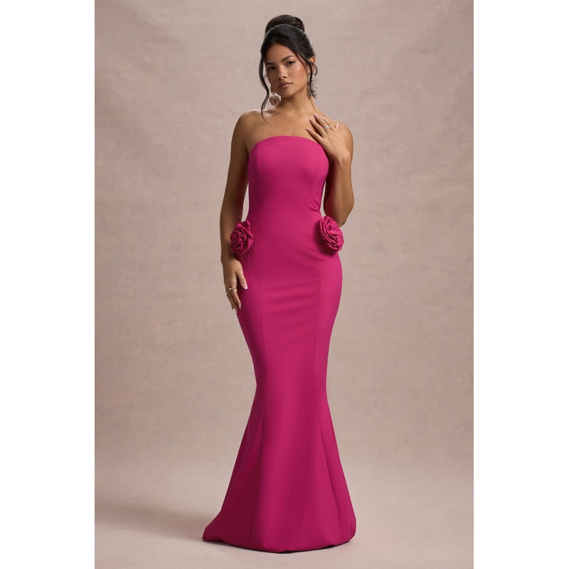 Best Of The Best | Dark Pink Strapless Fishtail Maxi Dress With Corsages