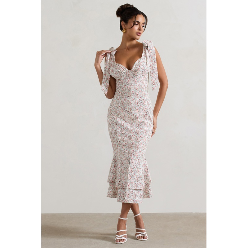 Caserta | White & Red Floral Buttoned Midi Dress With Flared Hem