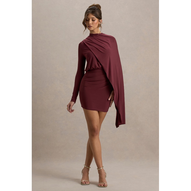 Celeste | Burgundy Long-Sleeve Mini Dress With Cape Sleeve