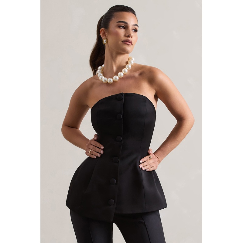 Century | Black Satin Strapless Button Front Corset Top