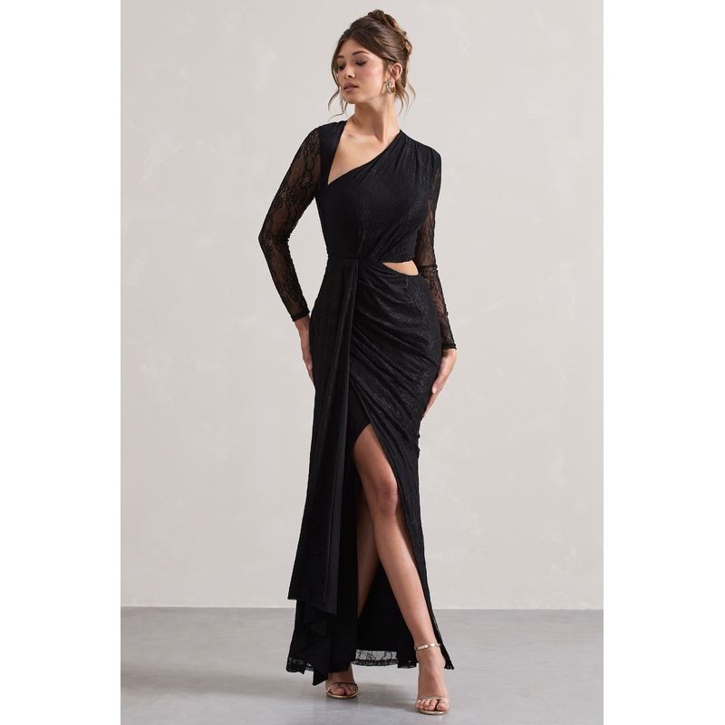 Chantilly | Black Lace Asymmetric Cut-Out Draped Maxi Dress