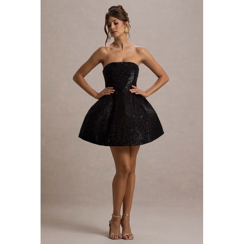 Clarabell | Black Sequin Bandeau Structured Mini Dress