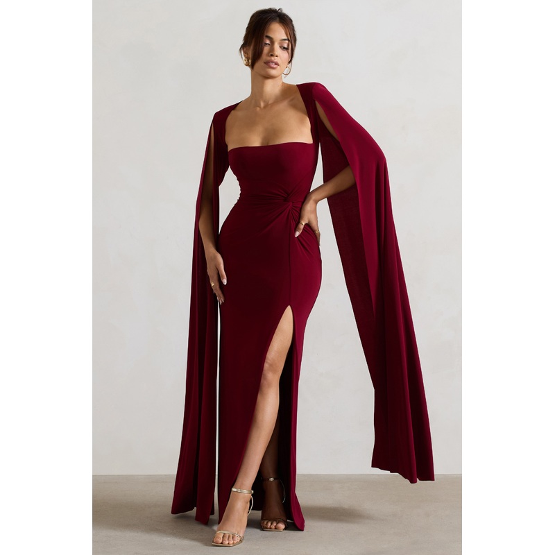 Claretta | Berry Square Neck Twisted Maxi Dress With Cape Sleeves
