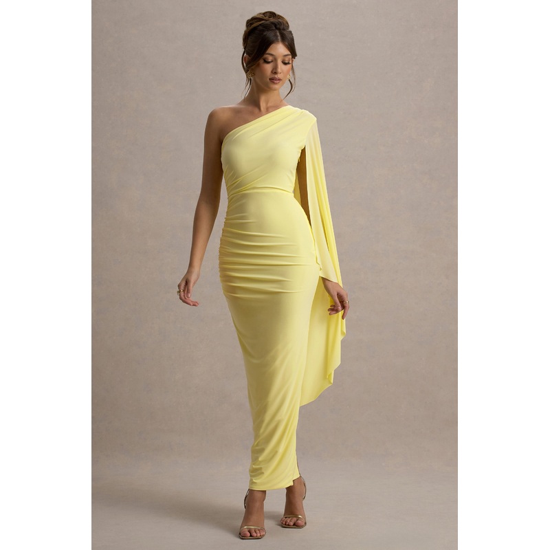 Clementina | Lemon Asymmetric Cape Sleeve Maxi Dress