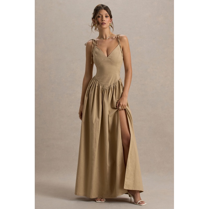 Comet | Tan Linen Maxi Dress with Plunge Neckline and Front High Split
