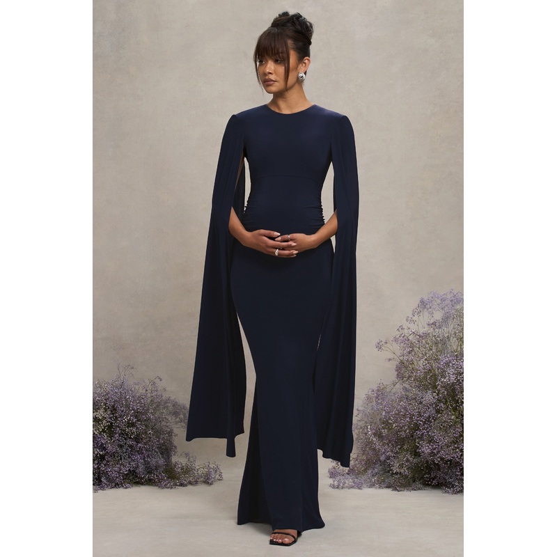 Divine Timing | Navy Maternity Maxi Dress With Cape Sleeves
