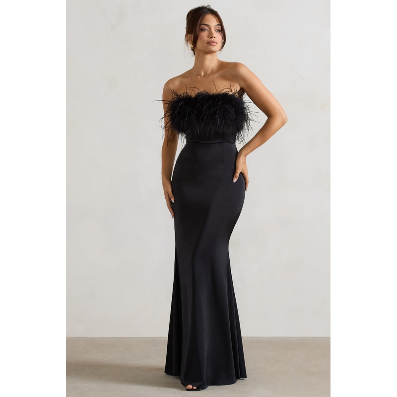 Dress For It | Black Satin Feather Trim Bandeau Maxi Dress