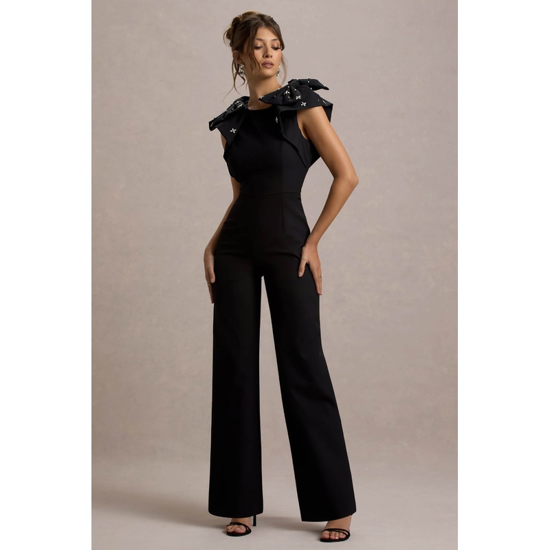 Elma | Black Straight-Leg Jumpsuit With Embellished Bows