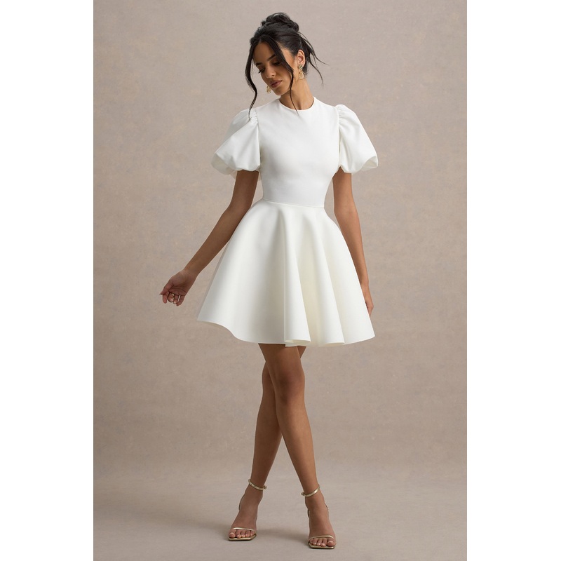 Emelia | White Puff-Sleeve Skater Dress