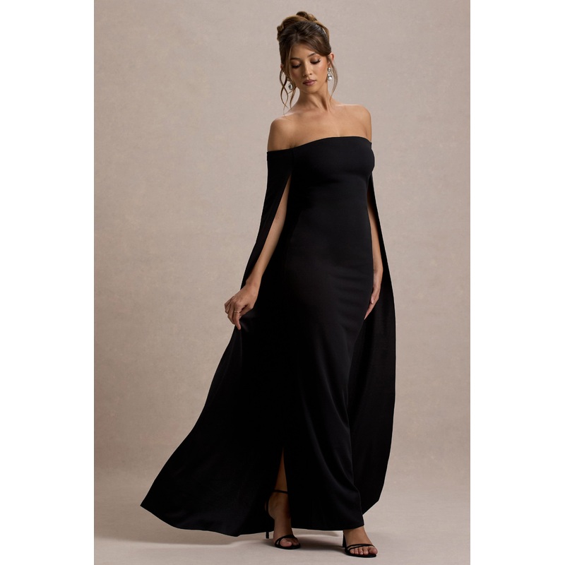 Genovia | Black Bardot Cape Maxi Dress