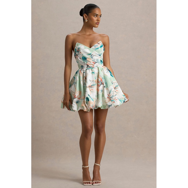 Georgie | Green Floral Print Sweetheart Puffball Mini Dress