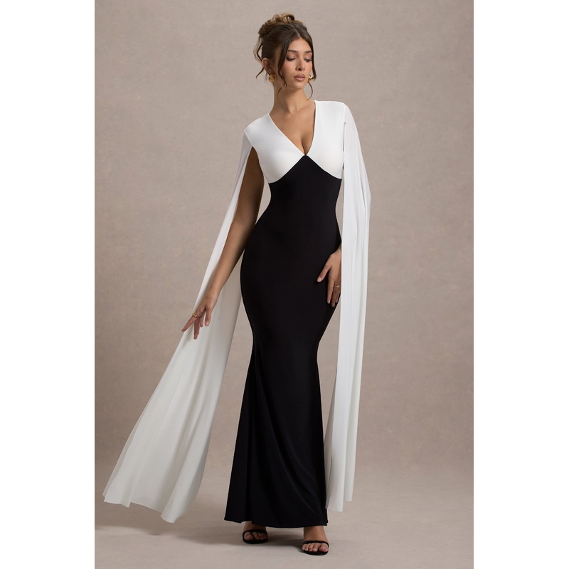 Grace Kelly | Black & White Plunge-Neck Maxi Dress With Cape Sleeves