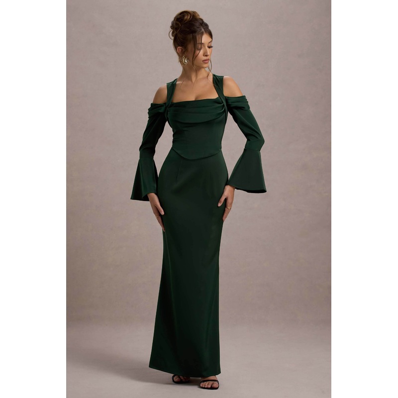 Heartthrob | Green Satin Draped Bardot Maxi Dress