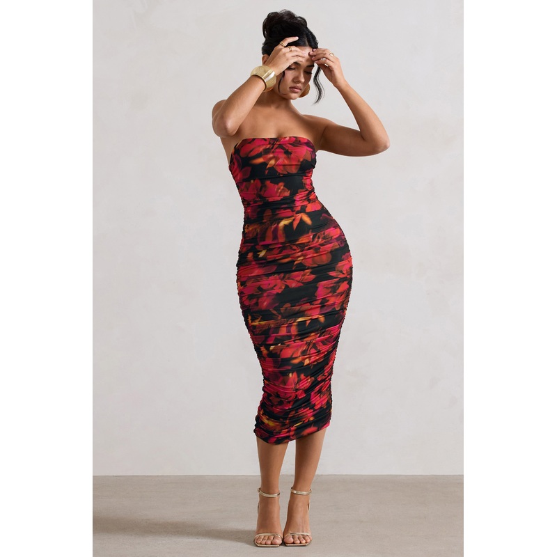 Inara | Red Floral Print Strapless Ruched Midi Dress