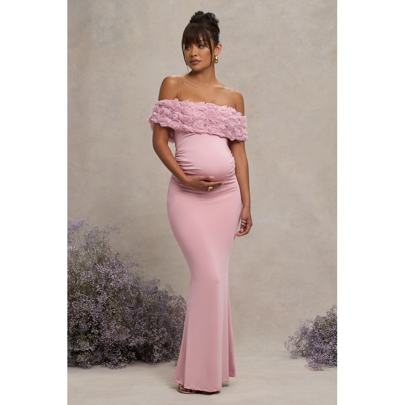 Inflorescence | Blush Pink Mesh Floral Bardot Maternity Maxi Dress