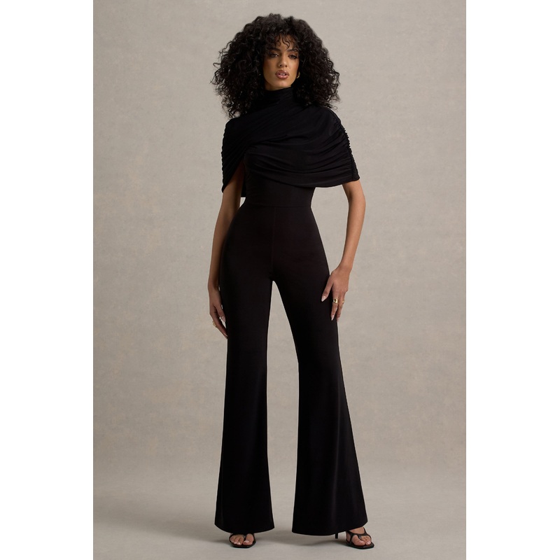 Isoline | Black Twist Cape Flared-Leg Jumpsuit