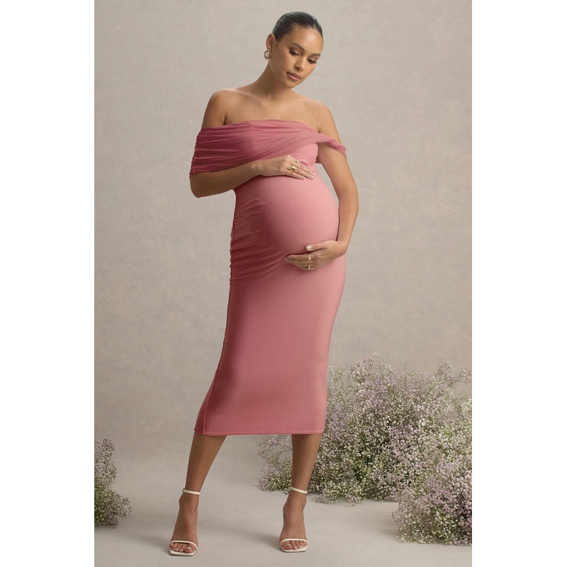 Jen | Pink Bardot Twisted Maternity Midi Dress