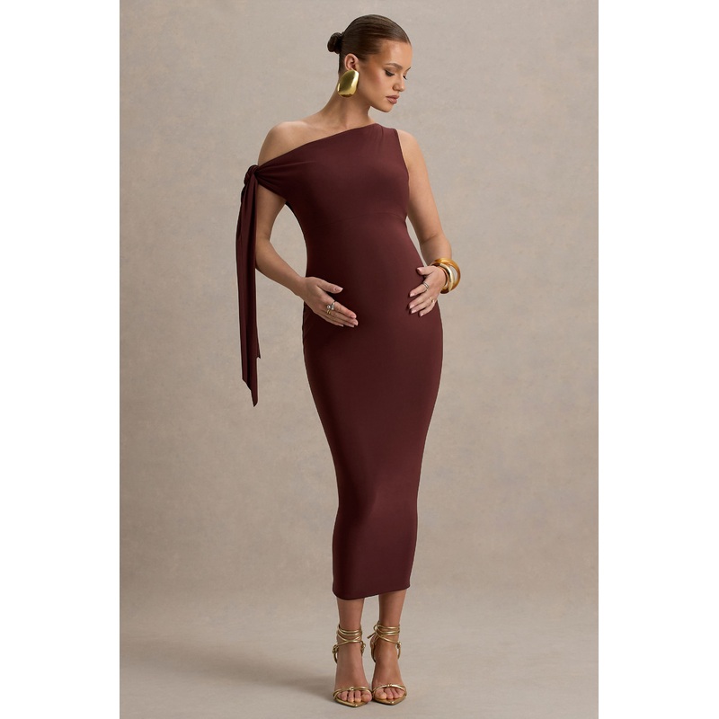 Katarine | Brown Asymmetric Knot Maternity Midi Dress