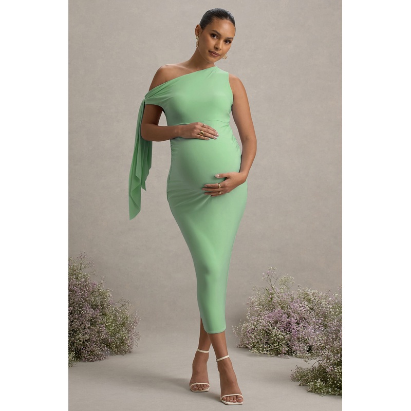 Katarine | Light Green Asymmetric Knot Maternity Midi Dress