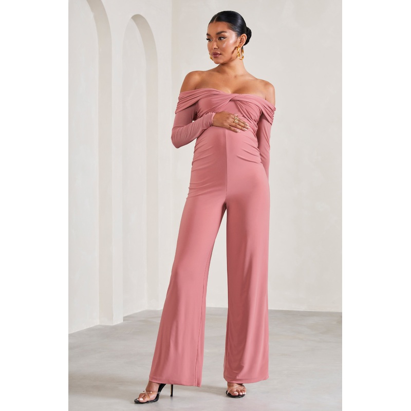 Kyla | Blush Pink Ruched Bardot Long-Sleeved Wide-Leg Maternity Jumpsuit