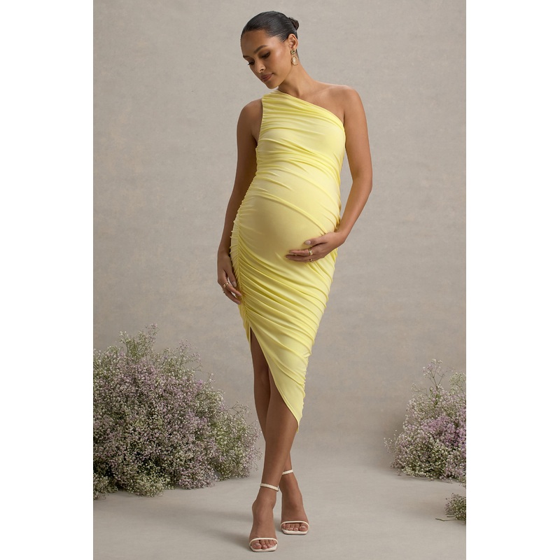 Late Night | Lemon Maternity Ruched One Shoulder Midi Dress