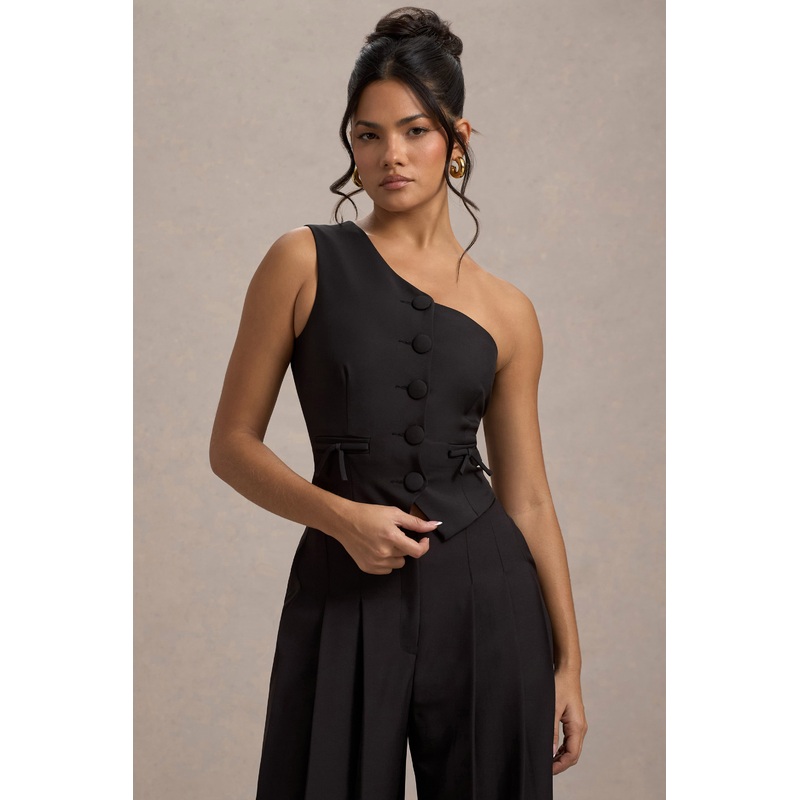 Lelia | Black One Shoulder Tailored Top With Bows