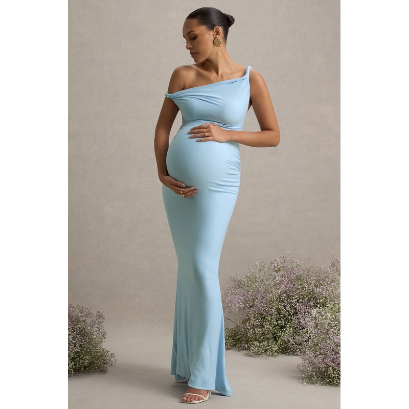 Lita | Powder Blue Twisted Asymmetric Maternity Maxi Dress