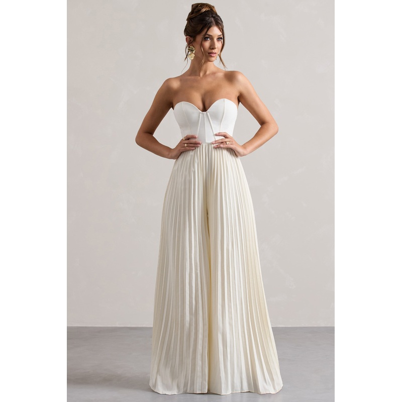 Lorelai | Cream Corset Plisse Wide-Leg Jumpsuit