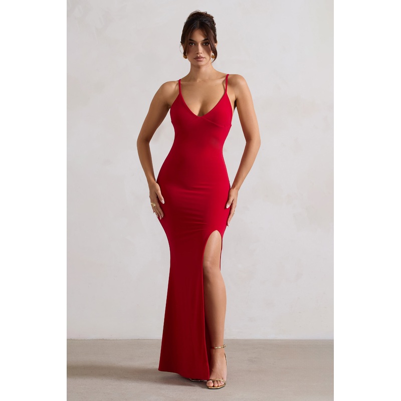 Love Shy | Red Plunge Neck Maxi Dress With Split Detail