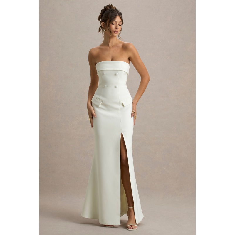 Lucia | Cream Bandeau Tailored Maxi Dress With Split