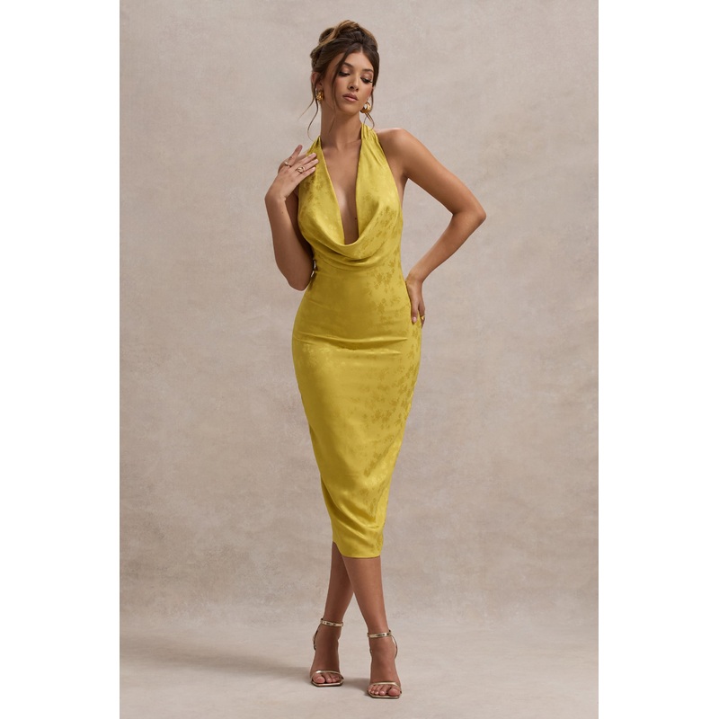 Maciza | Mustard Satin Jacquard Cowl-Neck Midi Dress