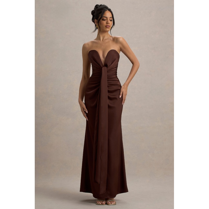 Mackenzie | Brown Satin Plunge-Neck Draped Maxi Dress