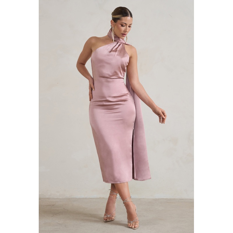 Madame | Blush Pink Satin Asymmetric Scarf Neck Backless Midi Dress